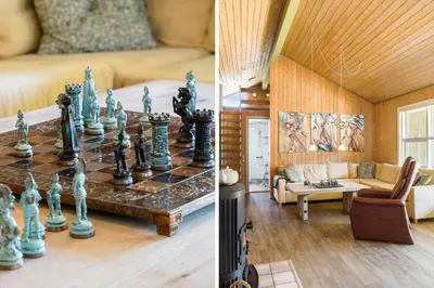a living room with a chess board on a table at 209-Vestervig-Isfuglevej-15 in Vestervig