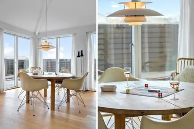 two pictures of a dining room with a table and chairs at 926-Thisted-Niels-Vognmands-Vej-15 in Torsted