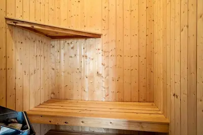 a wooden sauna with a wooden bench in it at 512-Thisted-Sotungevej-4 in Thisted