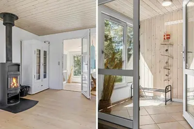 two images of a room with a fireplace and an open door at 535-Thisted-Molgaardsvej-75 in Thisted