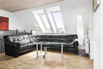 a black leather couch in a living room with skylights at 222-Thisted-Nordsovej-57 in Thisted