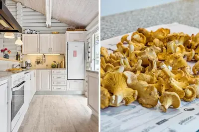 two pictures of a kitchen with mushrooms on the floor at 997-Thisted-Lyngstien-15-B in Torsted