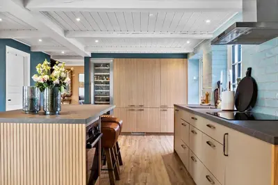 a kitchen with a large island with a counter at 194-Vestervig-Vesterhavsvej-7-C in Vestervig