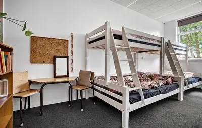 a bedroom with two bunk beds and a desk at Pet Friendly Home In Spøttrup With Wifi in Spottrup