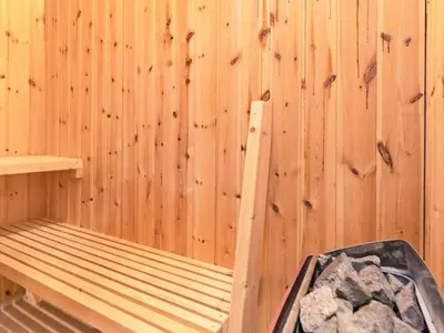 a sauna with a wooden paneled wall at 8 person holiday home in Fjerritslev-By Traum in Fjerritslev