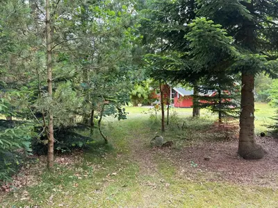 a forest of trees with a red barn in the background at Family Cabin By The Calm Waters Of Limfjord in Højslev