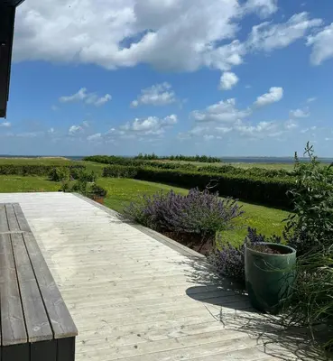 a wooden walkway with a bench and purple flowers at Summer House With Wilderness Bath And Water Views in Vinderup