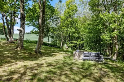a bench sitting in the grass next to trees at Summer House Close To Nature By The Limfjord in Nykøbing Mors