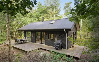 a black tiny house in the woods with a deck at Amazing Home In Aars With Wifi in Års