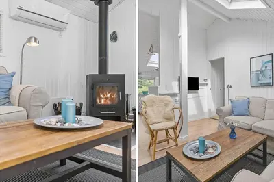 two images of a living room with a fireplace at LK1999-Lokken-Magdalenevej-35 in Løkken