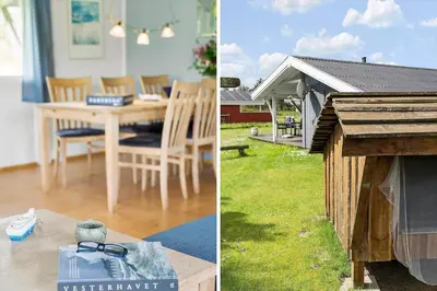 two pictures of a house with a table and a backyard at LK2046-Lokken-Kristavej-25 in Løkken