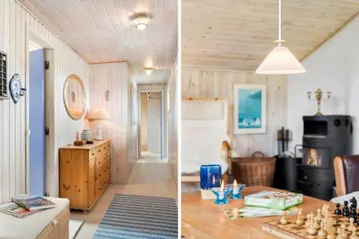 two pictures of a living room and a dining room with a table at LK2071-Lokken-Marensvej-3 in Løkken