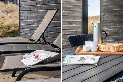 two pictures of a table with a drink and a basket on it at LK1463-Lokken-Rosavej-11 in Løkken