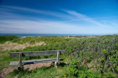 a wooden bench sitting on the side of a beach at LK2065-Lokken-Rikkesvej-5 in Løkken