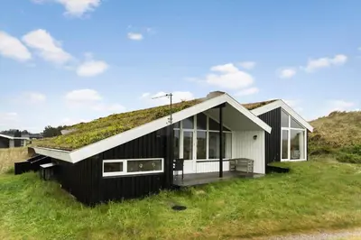 a black and white house with a grass roof at LK2033-Lokken-Madsinesvej-13 in Løkken