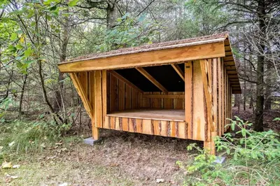 a wooden shelter in the middle of the woods at BL1764-Pandrup-Lunekrogen-7 in Pandrup