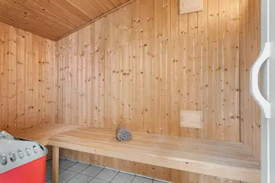 a sauna with a cat sitting on a wooden bench at LK2126-Lokken-Jorginesvej-4 in Løkken