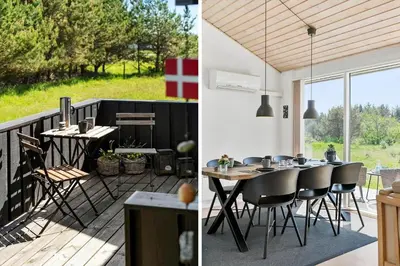 two images of a patio with a table and chairs at BL512-Saltum-Trehoje-2 in Saltum