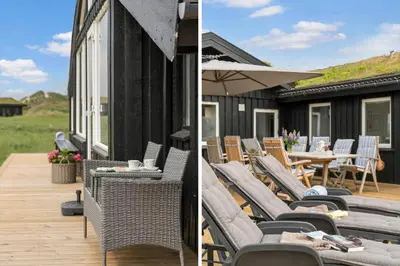 two pictures of a patio with chairs and a table at BL1020-Pandrup-Hunetorp-Klitvej-257 in Pandrup