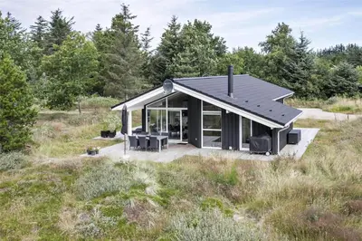 a house with a black roof in a field at BL377-Blokhus-Maxvej-9 in Blokhus