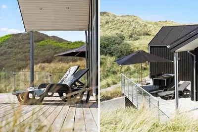 two views of a deck with chairs and an umbrella at BL1468-Blokhus-Moreavej-59-B in Blokhus
