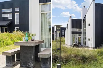 two pictures of a stone bench in front of a building at BL1480-Blokhus-Ferren-51 in Blokhus