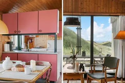 a kitchen with pink cabinets and a table in a room at BL1308-Saltum-Kordalsvej-124 in Saltum