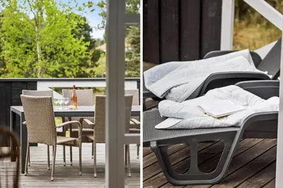 two pictures of a table and chairs on a patio at BL279-Pandrup-Rodhusparken-71 in Pandrup