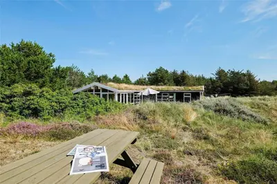 a book on a picnic table in front of a house at BL199-Saltum-Daadyrvej-22 in Saltum