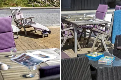 two pictures of a table with purple chairs and a table with at BL1398-Pandrup-Rodhus-Klitvej-135 in Pandrup