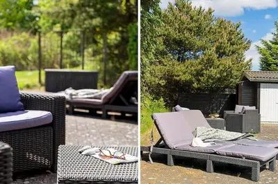 two pictures of a patio with a couch and a table at BL1052-Blokhus-Berberisvej-22 in Blokhus
