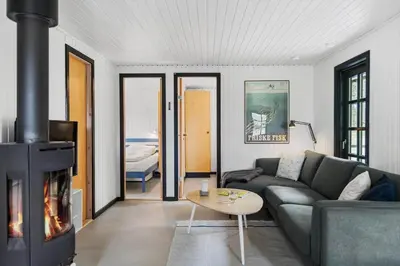 a living room with a couch and a fireplace at BL1365-Pandrup-Hunetorp-Klitvej-69 in Pandrup