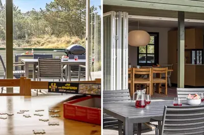 two pictures of a porch with a table and chairs at BL1365-Pandrup-Hunetorp-Klitvej-69 in Pandrup