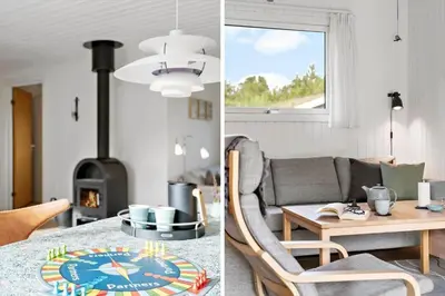 two pictures of a living room and a living room with a couch at BL1256-Blokhus-Risen-32 in Blokhus