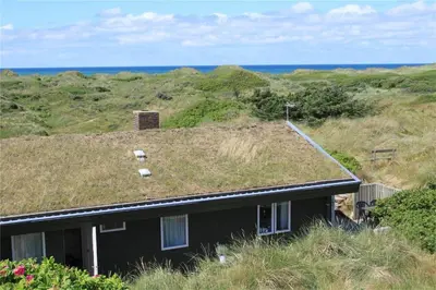 a house with a grass roof with the ocean in the background at BL745-Saltum-Karen-Mariesvej-70 in Saltum