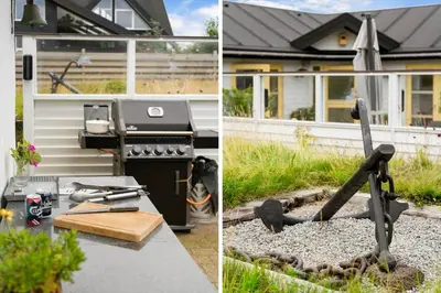 two pictures of a backyard with a barbecue and a house at BL1318-Blokhus-Vesterhavsbakken-28 in Blokhus