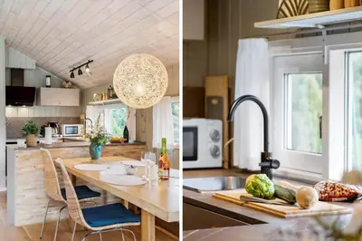 two pictures of a kitchen with a table and a sink at BL1254-Pandrup-Rodhusparken-25 in Pandrup