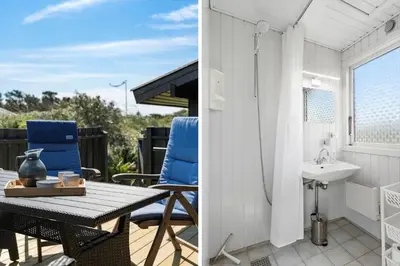 a patio with blue chairs and a table and a sink at BL1326-Saltum-Svendborgvej-19 in Saltum