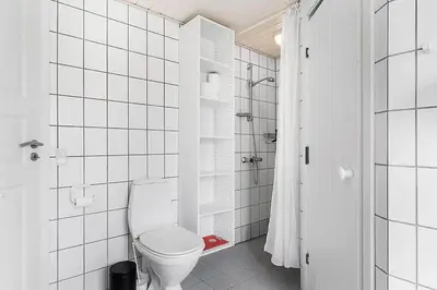 a white bathroom with a toilet and a shower at BL257-Pandrup-Rodhus-Skolevej-44 in Pandrup