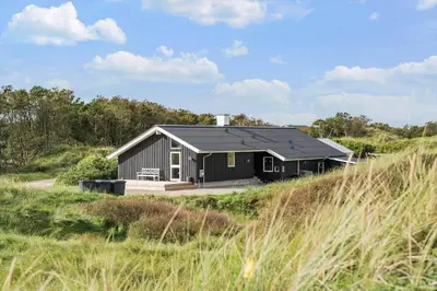 a black house with a black roof on a field at BL119-Blokhus-Egebaeksvej-20 in Blokhus