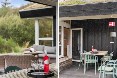 two pictures of a patio with a table and chairs at BL1227-Saltum-Porsevej-31 in Saltum