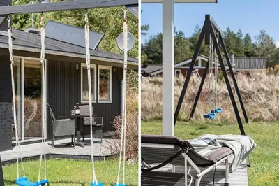 two pictures of a house with a porch with a swing at BL103-Saltum-Daadyrvej-23-A in Saltum