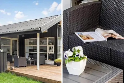 two pictures of a house with a patio at BL1739-Blokhus-Bag-Hojen-47 in Blokhus