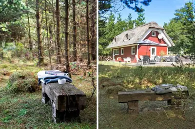 two pictures of a house with a bench and a house at BL238-Pandrup-Fyrregangen-18 in Pandrup
