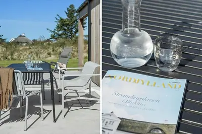 a table and chairs and a glass vase on a patio at BL1436-Blokhus-Mollevej-13 in Blokhus
