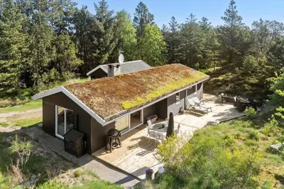 an overhead view of a house with a grass roof at BL1585-Blokhus-Bregnehojvej-1 in Blokhus