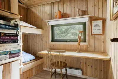 a small room with a desk and a window in a cabin at BL1714-Saltum-Lyngsletten-11 in Saltum