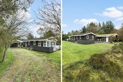two pictures of a house with a yard at BL1213-Pandrup-Rodhusparken-14 in Pandrup