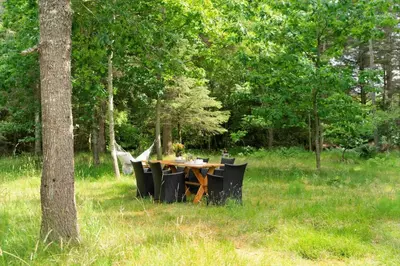 a wooden table in the grass in a field at BL1494-Saltum-Viborgvej-6 in Saltum