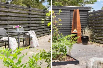 two pictures of a patio with a table and a fence at BL1206-Blokhus-Blaabaervej-6 in Blokhus